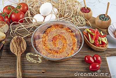 Menemen Turkish breakfast. Traditional turkish food menemen made by eggs and tomatoes Stock Photo