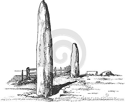 Menhirs, vertical stones of unknown origin, vector illustration. Graphic drawing. Megaliths. Stone Age Cartoon Illustration