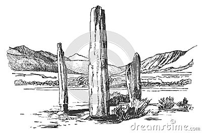 Menhirs, vertical stones of unknown origin, vector illustration. Graphic drawing. Megaliths. Stone Age Cartoon Illustration