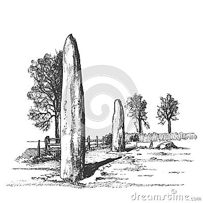 Menhirs, vertical stones of unknown origin, vector illustration. Graphic sketch drawing. Megaliths. Stone Age - vector Vector Illustration