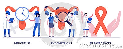 Menopause, endometriosis, breast cancer concept with tiny people. Gynecology, healthcare, female disease diagnosis abstract vector Vector Illustration