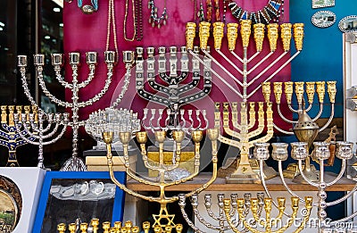 Menorah, a seven-lamp candelabrum used in contemporary Jewish temples, for sale at old market. Jerusalem Stock Photo