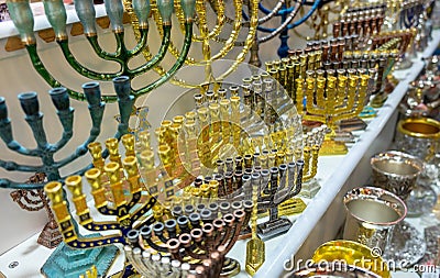 Menorah, a seven-lamp candelabrum used in contemporary Jewish temples, for sale at old market. Jerusalem Stock Photo