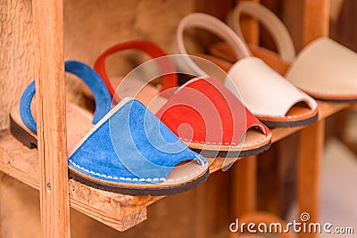 Traditional Menorca sandals named Avarca at the local store Stock Photo