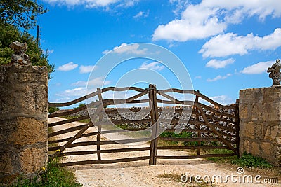 Menorca traditional olive tree wooden fence in Balearic Stock Photo