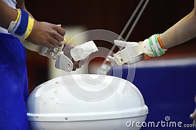 Mens Artistic Gymnastics hands Close up Grips and Chalk Editorial Stock Photo