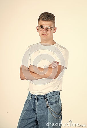 mens beauty standards. urban style. fashion model teen. teen boy wear glasses. young boy in casual style. handsome teen Stock Photo