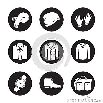 Mens clothes and accessories icons set Vector Illustration