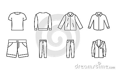 Mens clothing outline template vector icon. EPS 10. Basic clothing men set icons. Collection of wear. Male clothes...... Front Vector Illustration