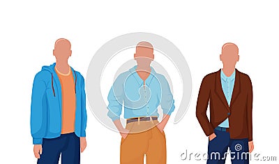 Mens clothing styles. Stylish modern fashion with jacket buttoned up one button and loose jacket sweatshirt. Vector Illustration
