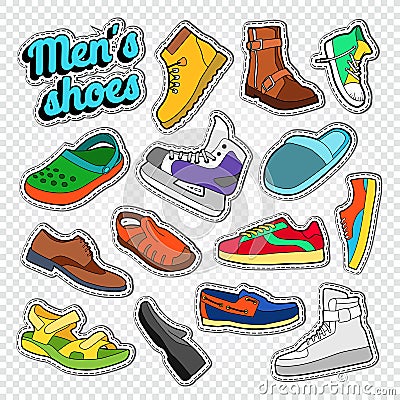 Mens Fashion Doodle. Male Footwear Stickers, Badges and Patches with Sneakers, Boots and Shoes Vector Illustration