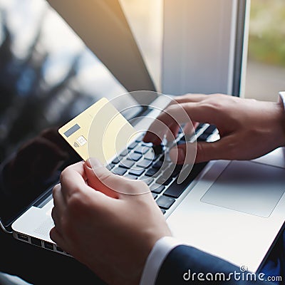 Mens hand holding credit card and using laptop. Online shopping Stock Photo