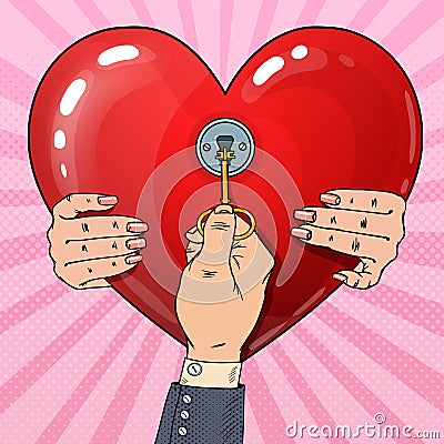 Mens Hand with Key from Womans Heart. Marriage Proposal. Pop Art retro illustration Vector Illustration