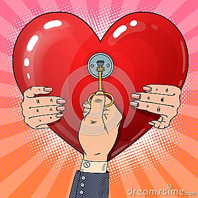 Mens Hand with Key from Womans Heart. Pop Art retro illustration Vector Illustration