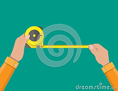 Mens hands hold measuring tape Vector Illustration