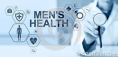 Mens Health banner, medical and health care concept on screen. Doctor with stethoscope. Stock Photo