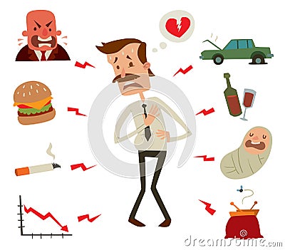 Mens heart problems. Businessman risk factors Vector Illustration
