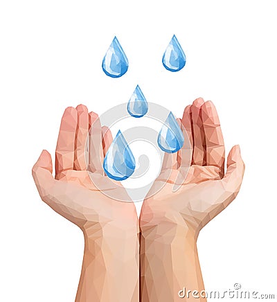 Mens polygonal hands cupped hold several polygonal drops Vector Illustration