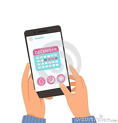 Menstrual calendar. Online female cycle app. Hands hold smartphone with month planner vector illustration Vector Illustration