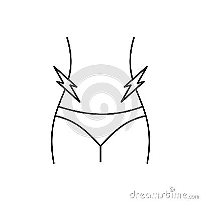 Menstrual cramps line icon. Woman feels lower abdominal pain. Stomachache symbol. Period pain. Vector Illustration