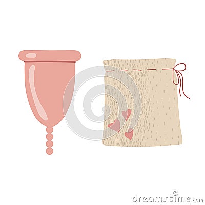 Menstrual cup and box. Eco-friendly, silicone washable menstrual cup. Zero waste period personal hygiene. Plastic-free concept Vector Illustration