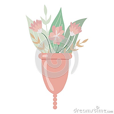 Menstrual cup with flowers and leaves. Eco-friendly, silicone washable menstrual cup. Zero waste period personal hygiene. Plastic- Vector Illustration