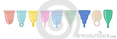 Menstrual cup set. Eco-friendly, silicone washable menstrual cup. Zero waste period personal hygiene. Plastic-free concept Vector Illustration