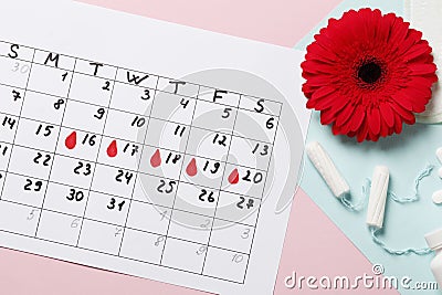 Menstrual cycle calendar on a pink background. pills and tampons, pads. Ovulation concept. Stock Photo