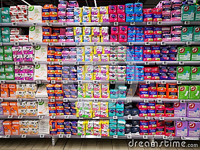 Menstrual hygiene products - absorbent pads on shelves Editorial Stock Photo