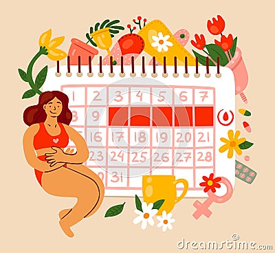 Menstrual or ovulation cycle calendar. Woman sitting near large table with PMS period marks. Menstruation control Vector Illustration