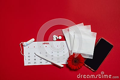 Menstrual pads and red flower Stock Photo