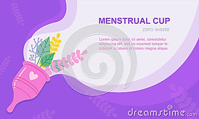 Menstrual period cup concept banner jn purple color background with leaves and white waves. Vector Illustration