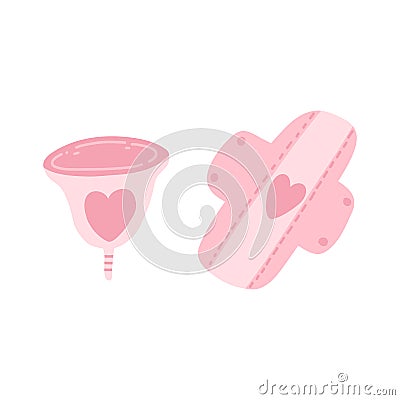 Menstrual period use cup and reusable sanitary pads in cartoon flat style. Vector illustration of zero waste hygiene Vector Illustration