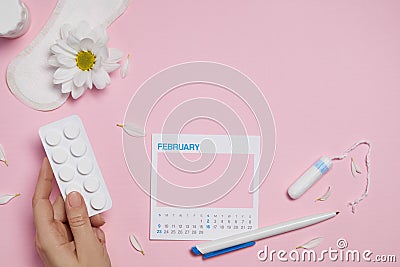 Menstrual sanitary tampons, pads and red flower Stock Photo