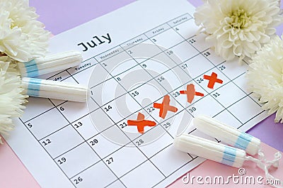 Menstrual tampons on menstruation period calendar with white flowers on lilac and pink background Stock Photo