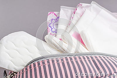 Menstrual tampons and pads in cosmetic bag. Menstruation cycle. Hygiene and protection Stock Photo