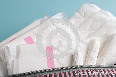 Menstrual tampons and pads in cosmetic bag. Menstruation cycle. Hygiene and protection Stock Photo