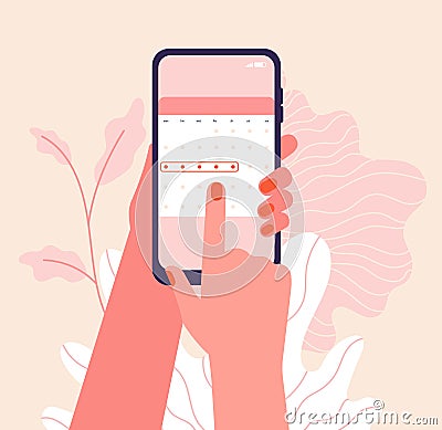 Menstruation cycle. Hands hold woman periods calendar. Menstrual phone application, ovulation check. Vector female Vector Illustration