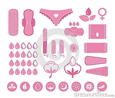 Menstruation period. Female hygiene, pants, pads and tampons. Women cycle vector icons set Vector Illustration
