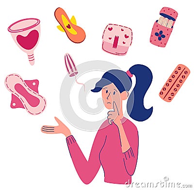 Menstruation pms woman composition. Young woman choosing between sanitary pad, tampon and menstrual cup. Menstruation first period Vector Illustration