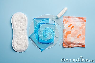 menstruation products, woman intimate hygiene, sanitary pads and tampon Stock Photo