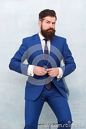 Menswear concept. Elegant fashion outfit. Gentleman modern style. Guy well groomed handsome bearded hipster wear tuxedo Stock Photo