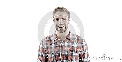 Menswear shop. Manhood. Macho man wearing checkered shirt. Male fashion summer trends. Unshaven man skin care Stock Photo