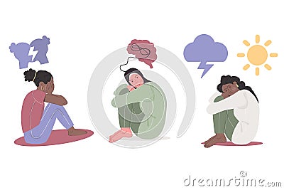 Mental bipolar disorders concept international African American, Muslim women Vector Illustration