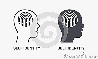 Mental Cognition Pictogram. Fingerprint in Human Head, Self Identity Silhouette and Line Icon Set. Person Identification Vector Illustration