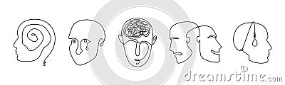 Continuous line drawing mental disorder vector icons Vector Illustration