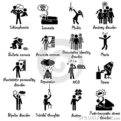 Mental disorders and illness icon set. Vector. Vector Illustration