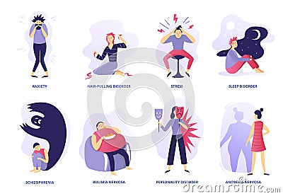 Mental disorders. Psychic illness, people psychotherapy and psychiatric problems. Mentality disorder vector illustration Vector Illustration