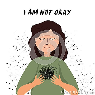 Mental Health Awareness. Illustration of a woman in depressive state of mind. Psychology illustration. Cartoon sadness girl. I am Vector Illustration
