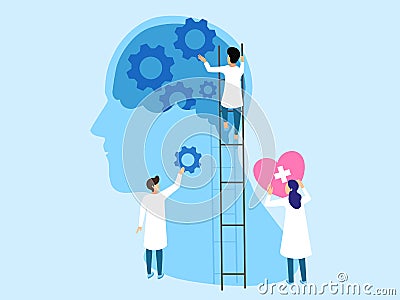 Mental health ,brain development medical treatment concept, doctors work together to set up heart and gear to brain, setting Vector Illustration